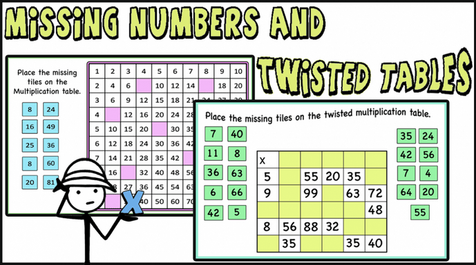 Missing Numbers and Twisted Multiplication Tables activity cards (+google slides)