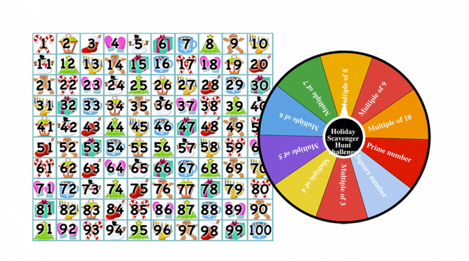 Holidays Scavenger Hunt-Game Challenge Multiples, prime numbers, square numbers